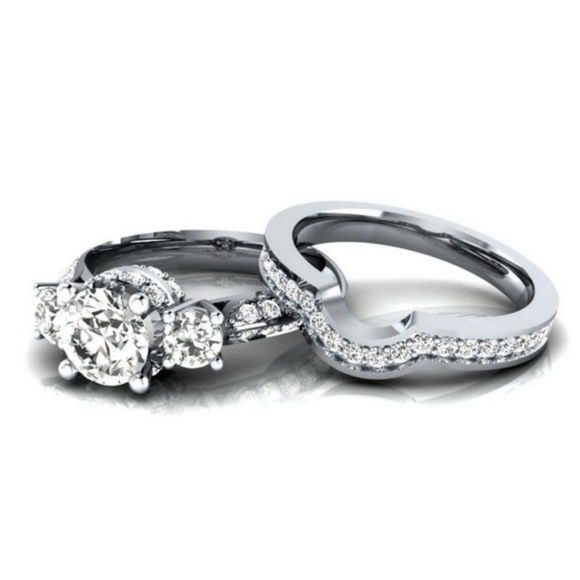 2 pc Set 925 Silver Round Cut White Sapphire Ring - Picture 4 of 5